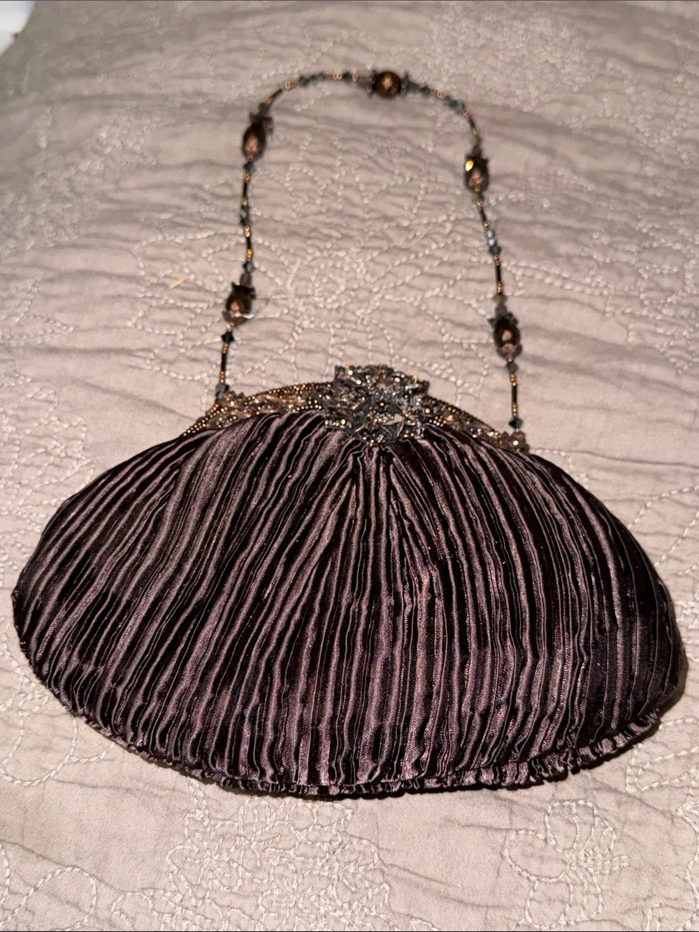 Todd Anthony Evening Pleated Satin Bag with beadwork in Dark Plum Brown
